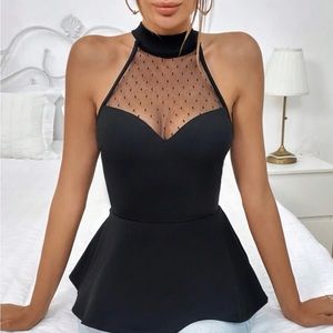 SHEIN Privé Contrast Mesh Peplum Halter Top shirt s black